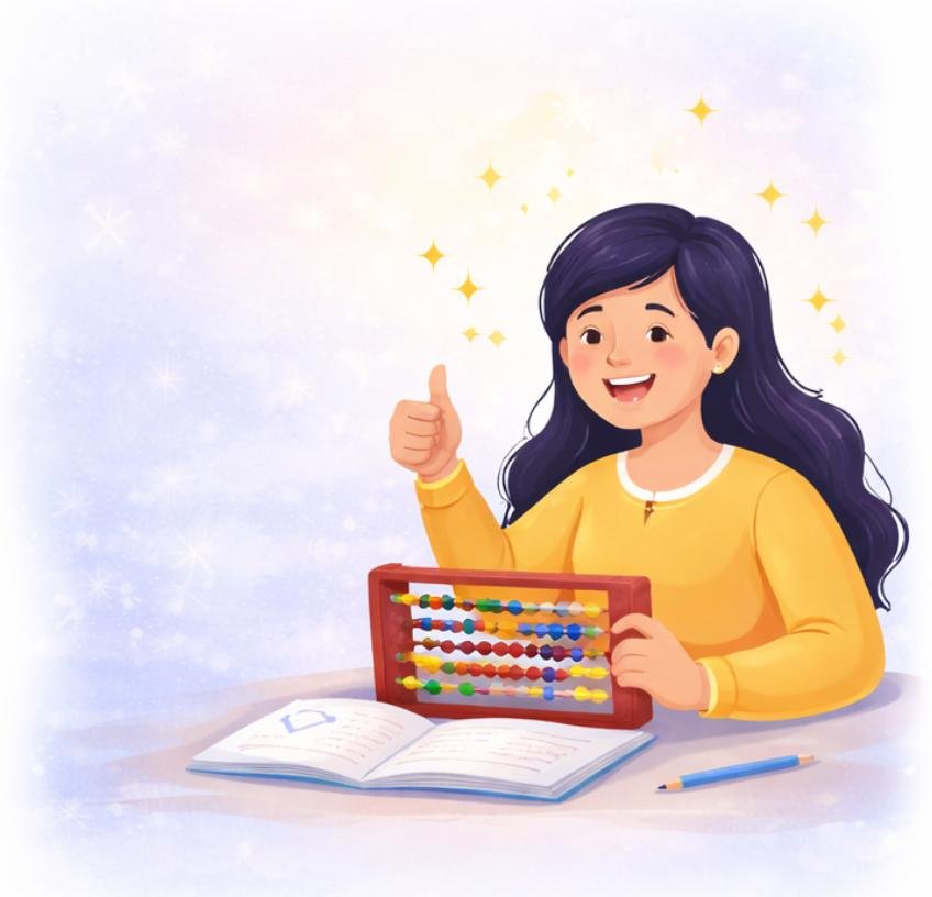Illustration of a happy girl giving a thumbs-up beside her abacus